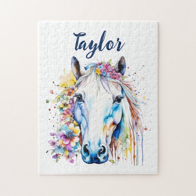 Pretty White Horse Floral Personalised  Jigsaw Puzzle (Vertical)
