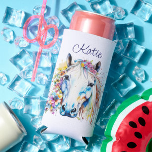 Pretty White Horse Floral Personalised  Seltzer Can Cooler