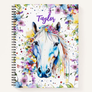 Pretty White Horse Floral Personalised Sketchbook Notebook