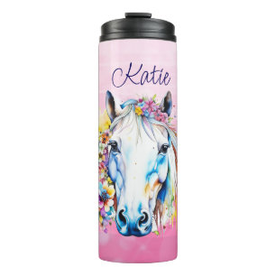 Pretty White Horse Floral Personalised  Thermal Tumbler