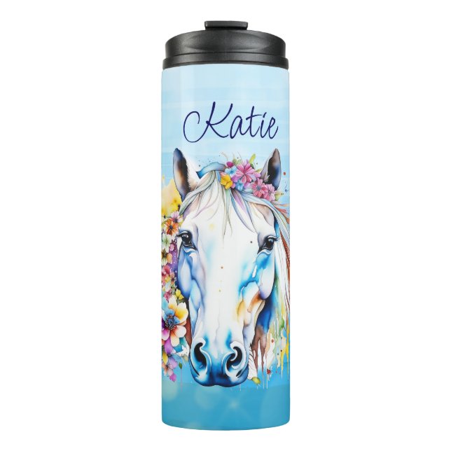 Pretty White Horse Floral Personalised  Thermal Tumbler (Front)