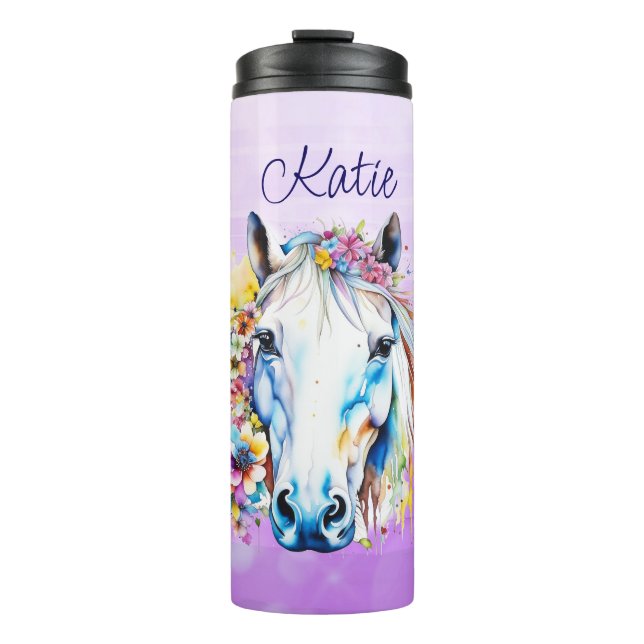 Pretty White Horse Floral Personalised  Thermal Tumbler (Front)