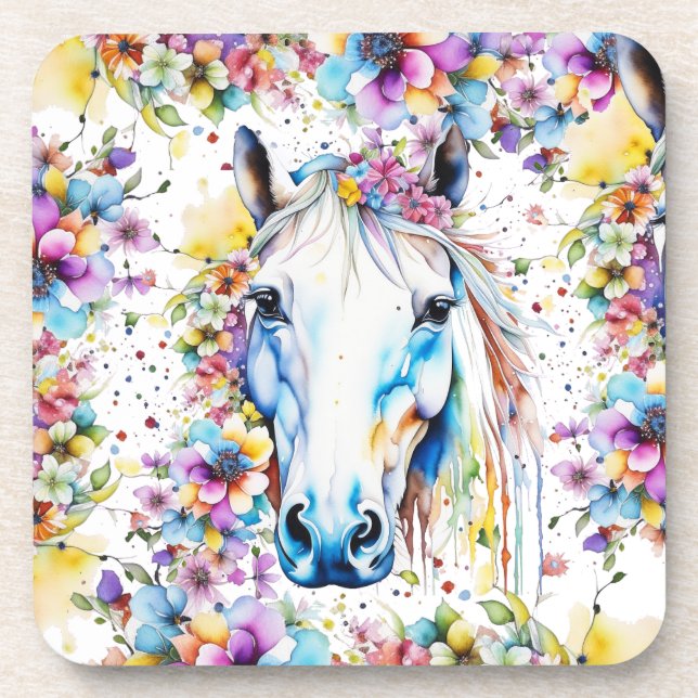 Pretty White Horse Floral Purple and Pink Coaster (Front)