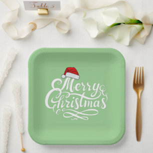 Pretty white lettering text mint green Santa Xmas Paper Plate