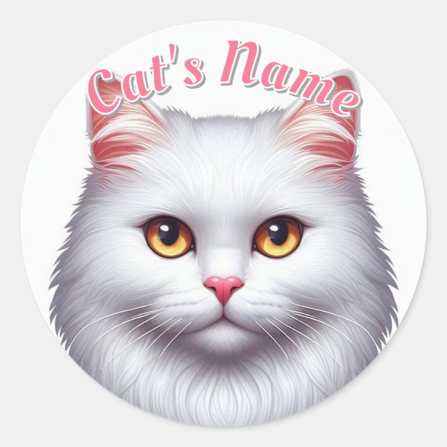 Pretty White Longhaired Cat • Personalised Classic Round Sticker (Front)