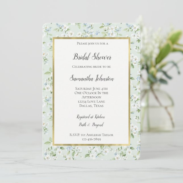 Pretty White Mint Light Blue Floral Bridal Shower  Invitation (Standing Front)