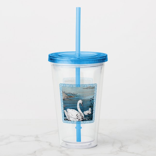 Pretty White Mother Swan in Lake With Baby Acrylic Tumbler (Front)