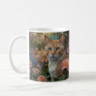 Pretty white orange cat in floral garden coffee mug