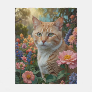 Pretty white orange cat in floral garden fleece blanket