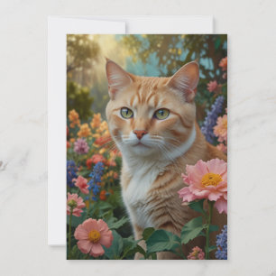 Pretty white orange cat in floral garden invitation