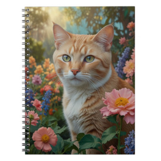 Pretty white orange cat in floral garden notebook