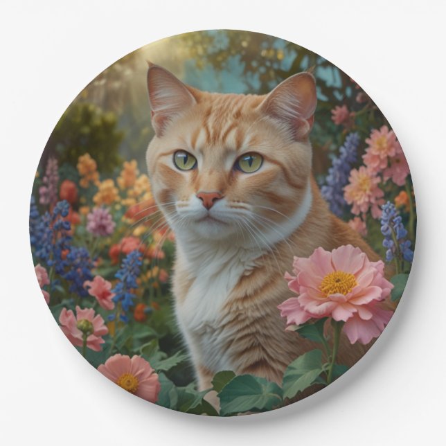 Pretty white orange cat in floral garden paper plate (Front)
