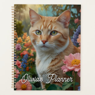Pretty white orange cat in floral garden planner