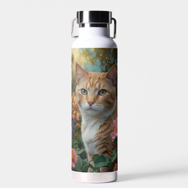 Pretty white orange cat in floral garden water bottle (Front)