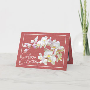 Pretty White Orchid Red Backdrop Happy Birthday Card