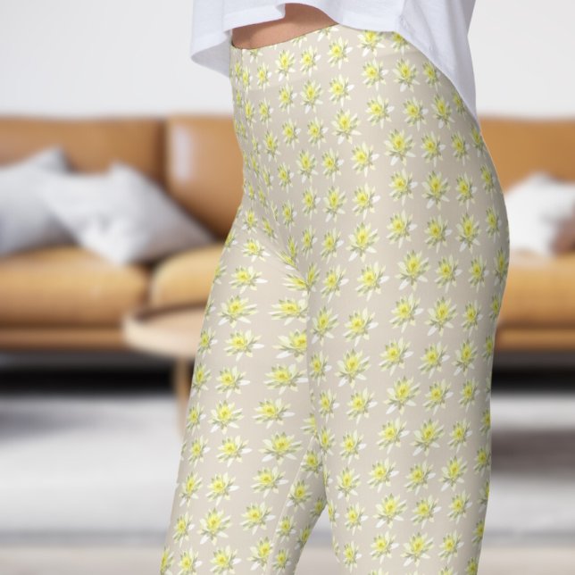 Pretty White Pale Bloom Floral Pattern Leggings (Pale Bloom on Bone)