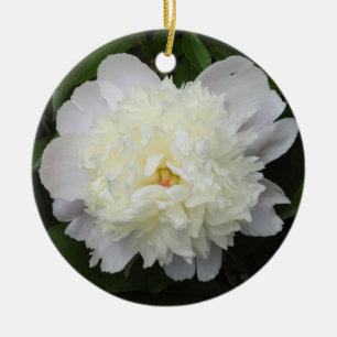 Pretty White Peonies Floral Christmas Ceramic Ornament