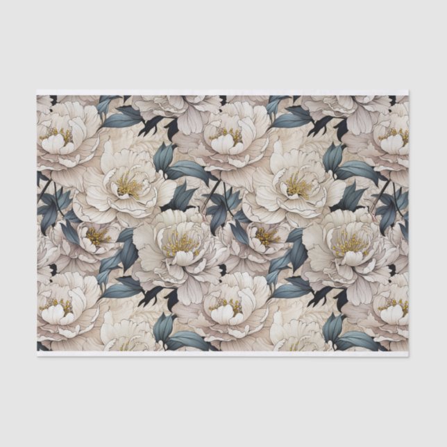 Pretty White Peonies Illustration Light Background Tissue Paper (Front)