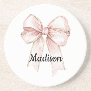 Pretty White Pink Bow Personalised Coaster