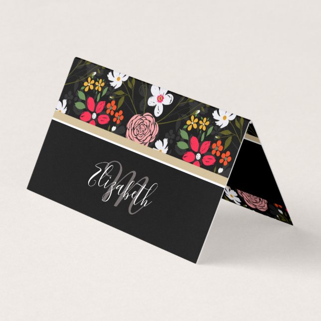 Pretty White Pink Floral Black Brush Strokes Business Card (Front)