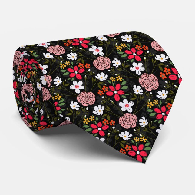 Pretty White Pink Floral Black Brush Strokes Tie (Rolled)