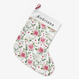 Pretty White Pink Hearts Roses Floral Christmas Large Christmas Stocking