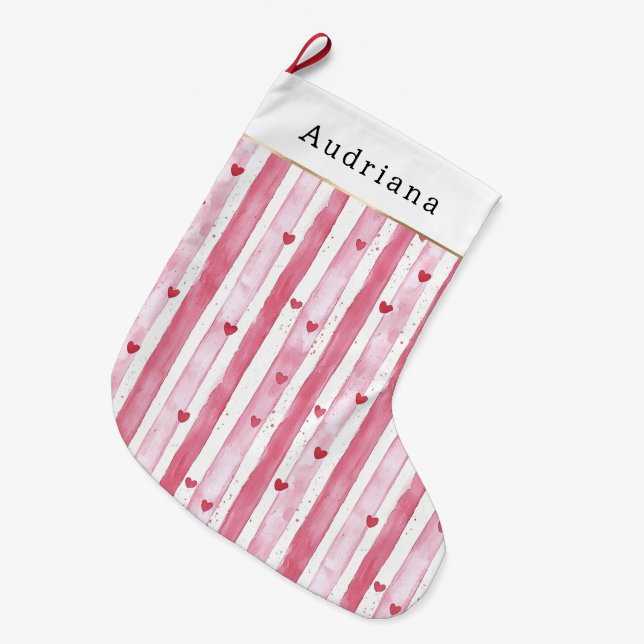 Pretty White Pink Hearts Stripes Christmas Large Christmas Stocking (Front (Hanging))