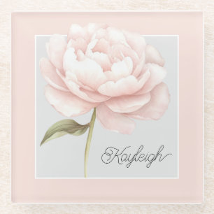 Pretty White Pink Rose Flower Personalised Glass Coaster