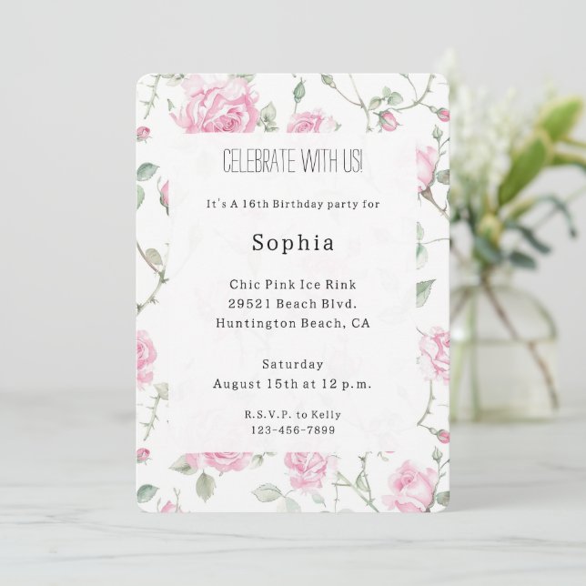 Pretty White Pink Roses Floral Birthday Invitation (Standing Front)