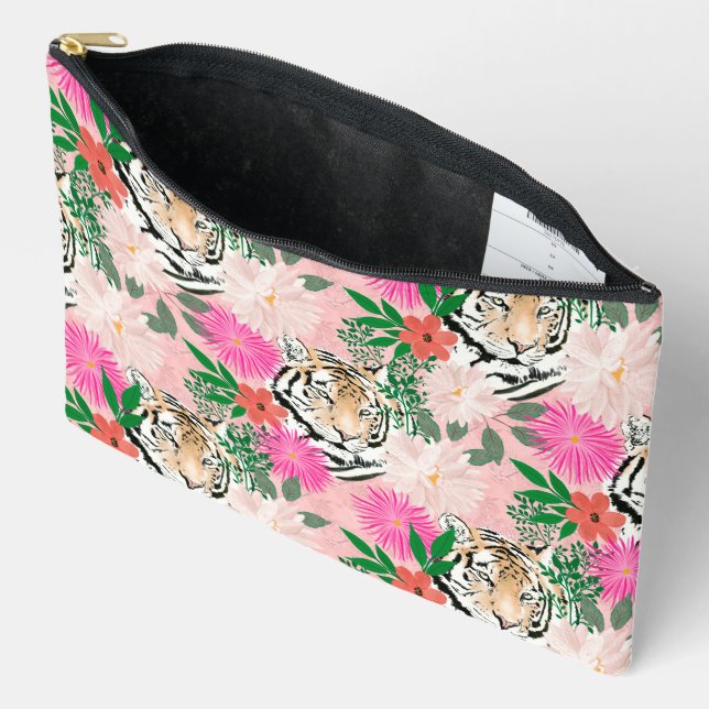 Pretty White Pink Tiger Floral Painting Accessory Pouch (Open)