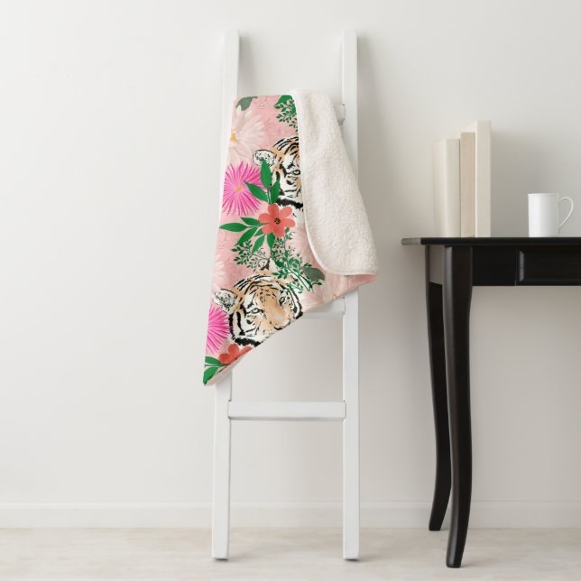 Pretty White Pink Tiger Floral Painting Sherpa Blanket (In Situ)