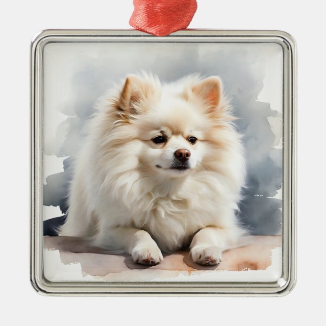 PRETTY WHITE POMERANIAN PUPPY DOG METAL ORNAMENT (Front)
