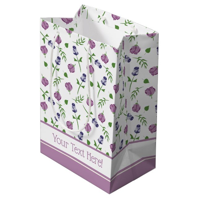 Pretty White Purple Pink Rose Rosebud Floral Print Medium Gift Bag (Back Angled)