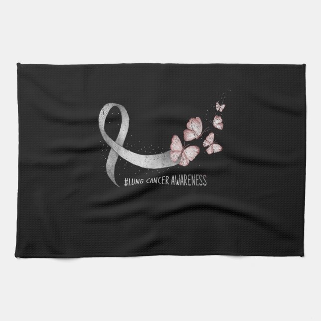 Pretty White Ribbon Support Lung Cancer Awareness. Tea Towel (Horizontal)