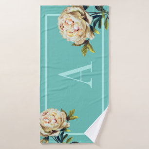 Pretty white rose and teal personalised gym Towel