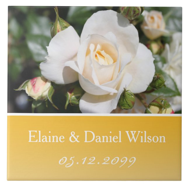 Pretty white rose flower wedding anniversary ceramic tile (Front)