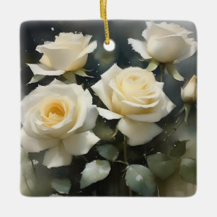 Pretty white roses garden watercolor painting ceramic ornament