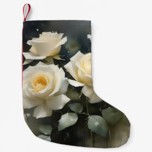 Pretty white roses garden watercolor painting small christmas stocking