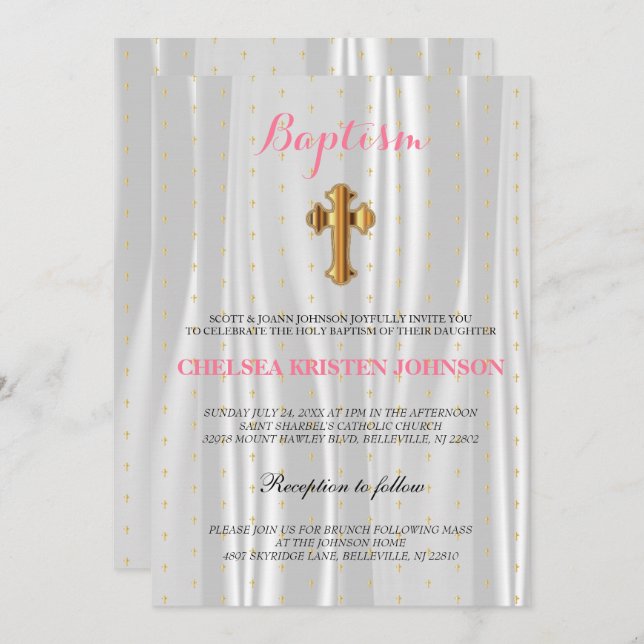 Pretty White Satin Baptism / Christening Invitation (Front/Back)