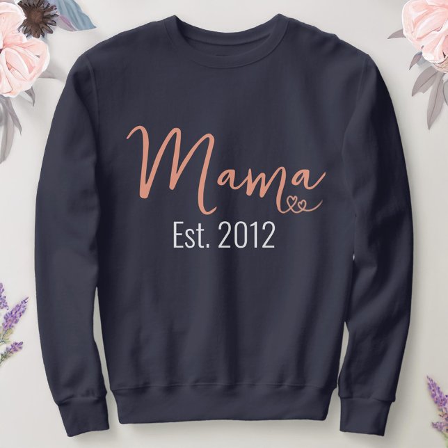 Pretty White Script Mama Est Year With Two Hearts Sweatshirt (Creator Uploaded)