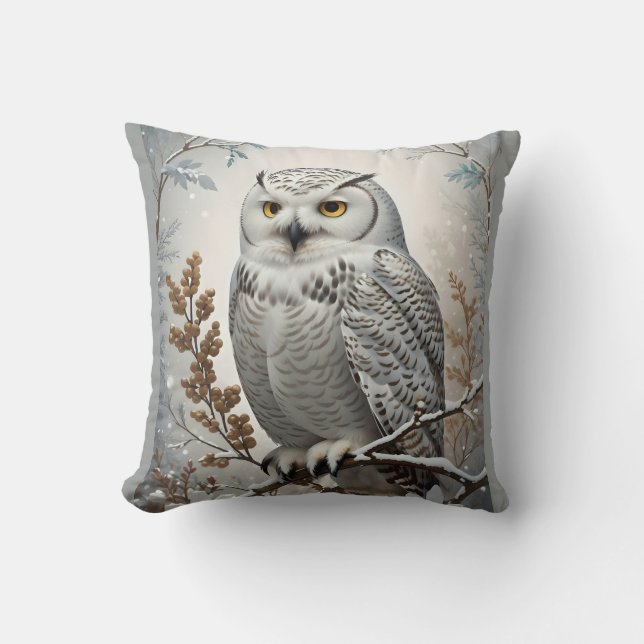 Pretty White Snowy Owl Winter Cushion (Front)