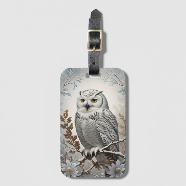 Pretty White Snowy Owl Winter Luggage Tag (Front Vertical)