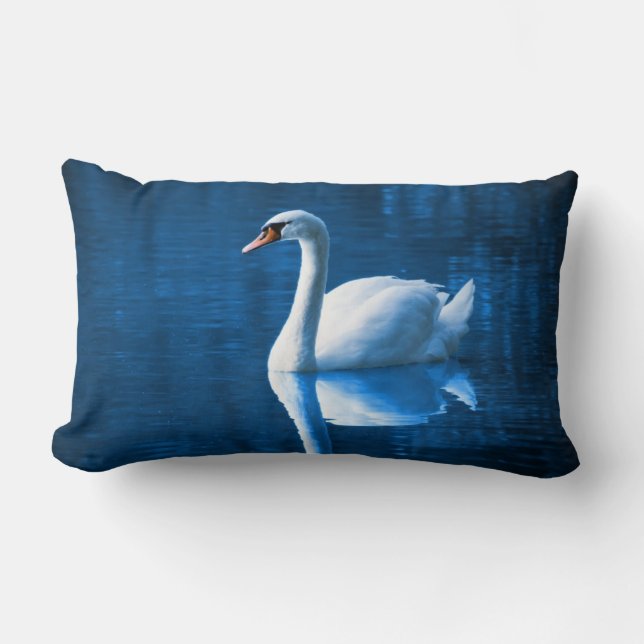 Pretty white swan floating on a blue lake lumbar cushion (Front)
