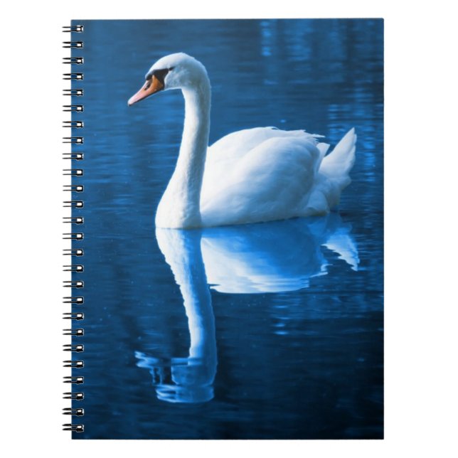 Pretty white swan floating on a blue lake notebook (Front)