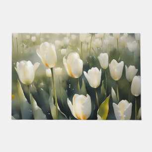 Pretty white tulips garden watercolor painting doormat