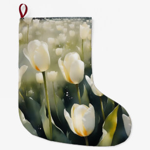 Pretty white tulips garden watercolor painting large christmas stocking