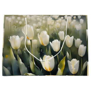 Pretty white tulips garden watercolor painting large gift bag