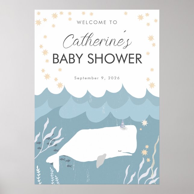 Pretty White Whale Baby Shower Sign Poster (Front)