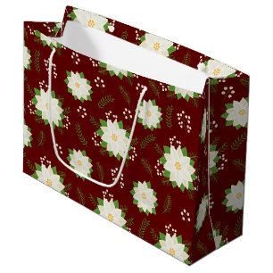 Pretty White Winter Poinsettia on Red Pattern Large Gift Bag