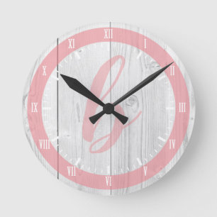 Pretty White Wood Print & Salmon Pink Monogram Round Clock
